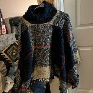 Poncho Sweater . Cute chic pattern. Navy blue and tan patterns with red